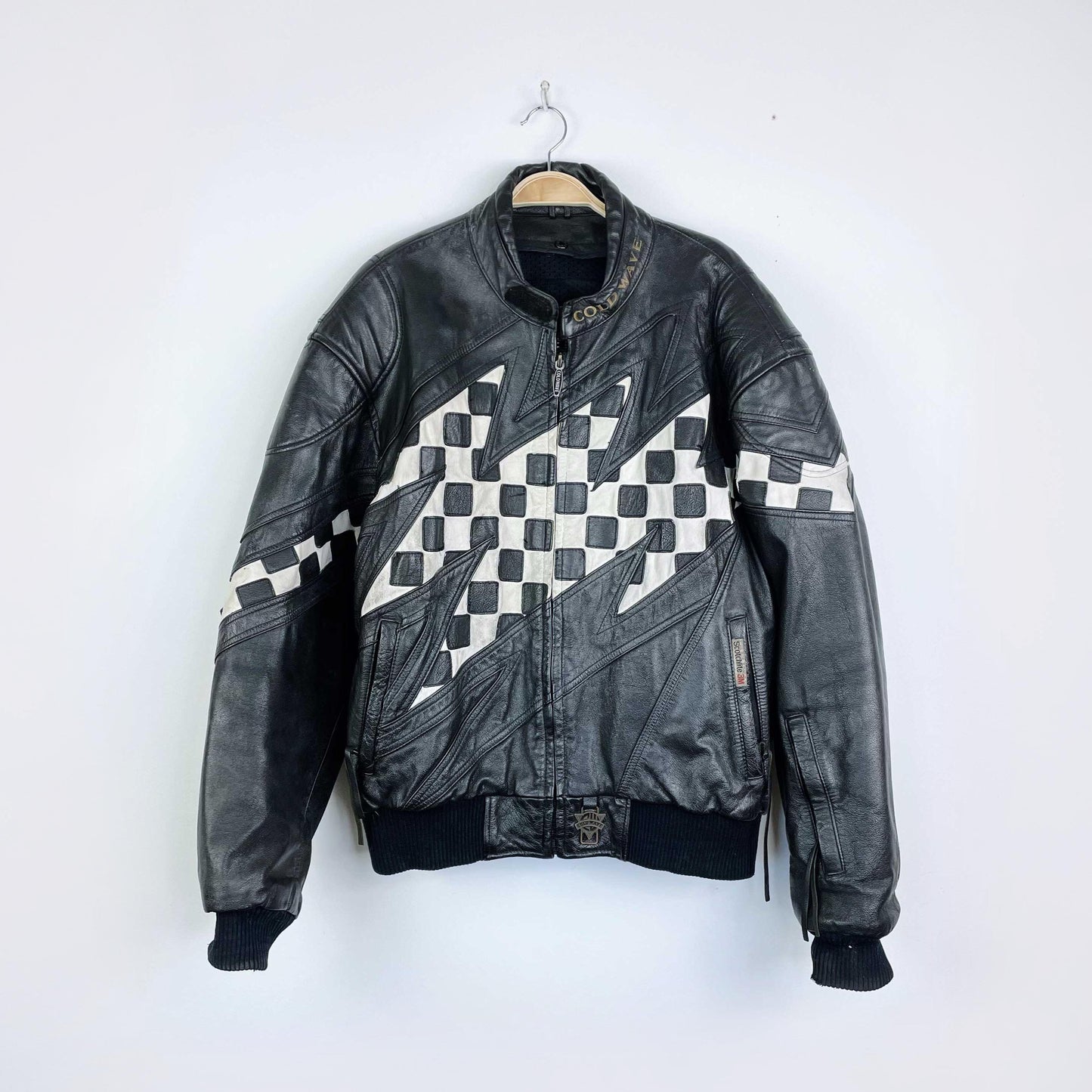 vintage 80s coldwave checkerboard bolt moto jacket