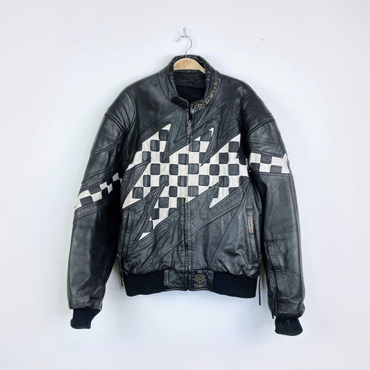 vintage 80s coldwave checkerboard bolt moto jacket
