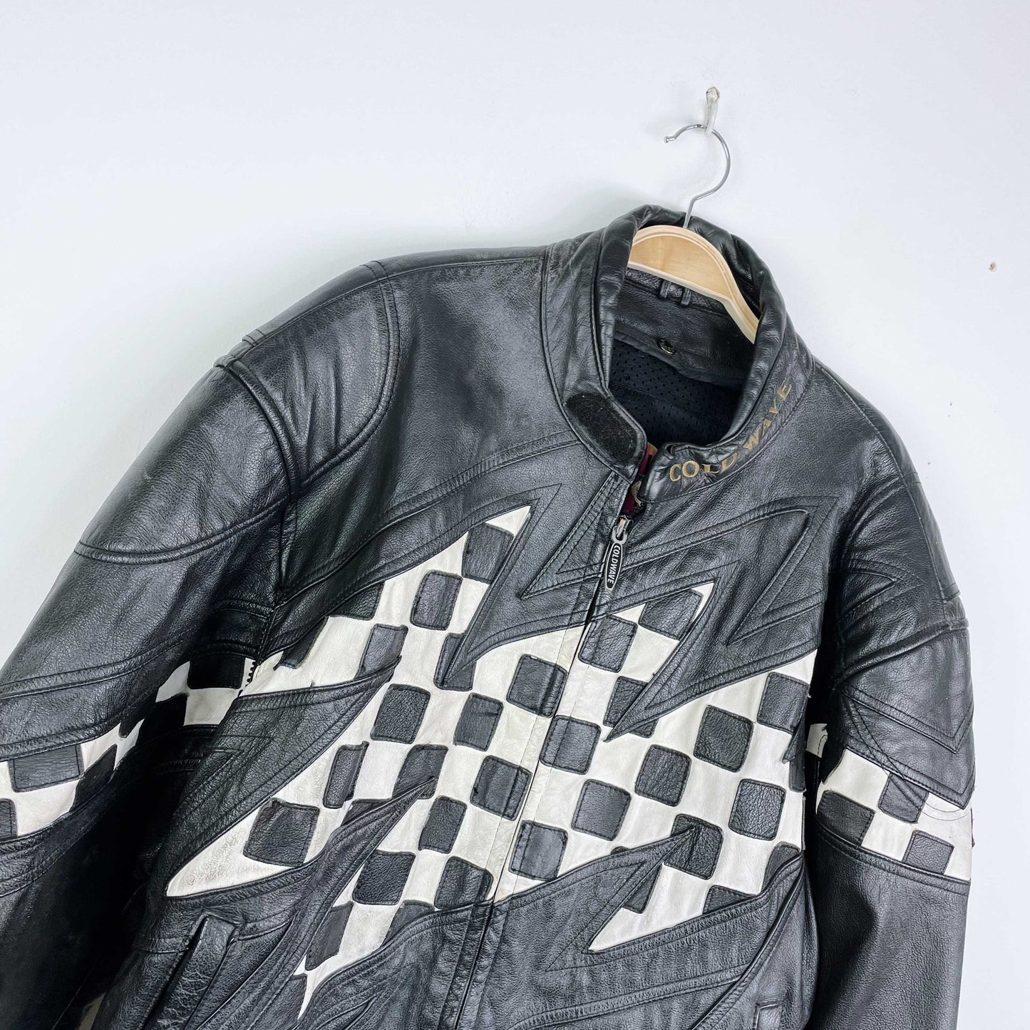 vintage 80s coldwave checkerboard bolt moto jacket