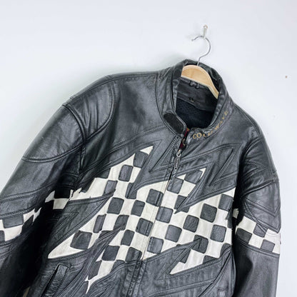 vintage 80s coldwave checkerboard bolt moto jacket