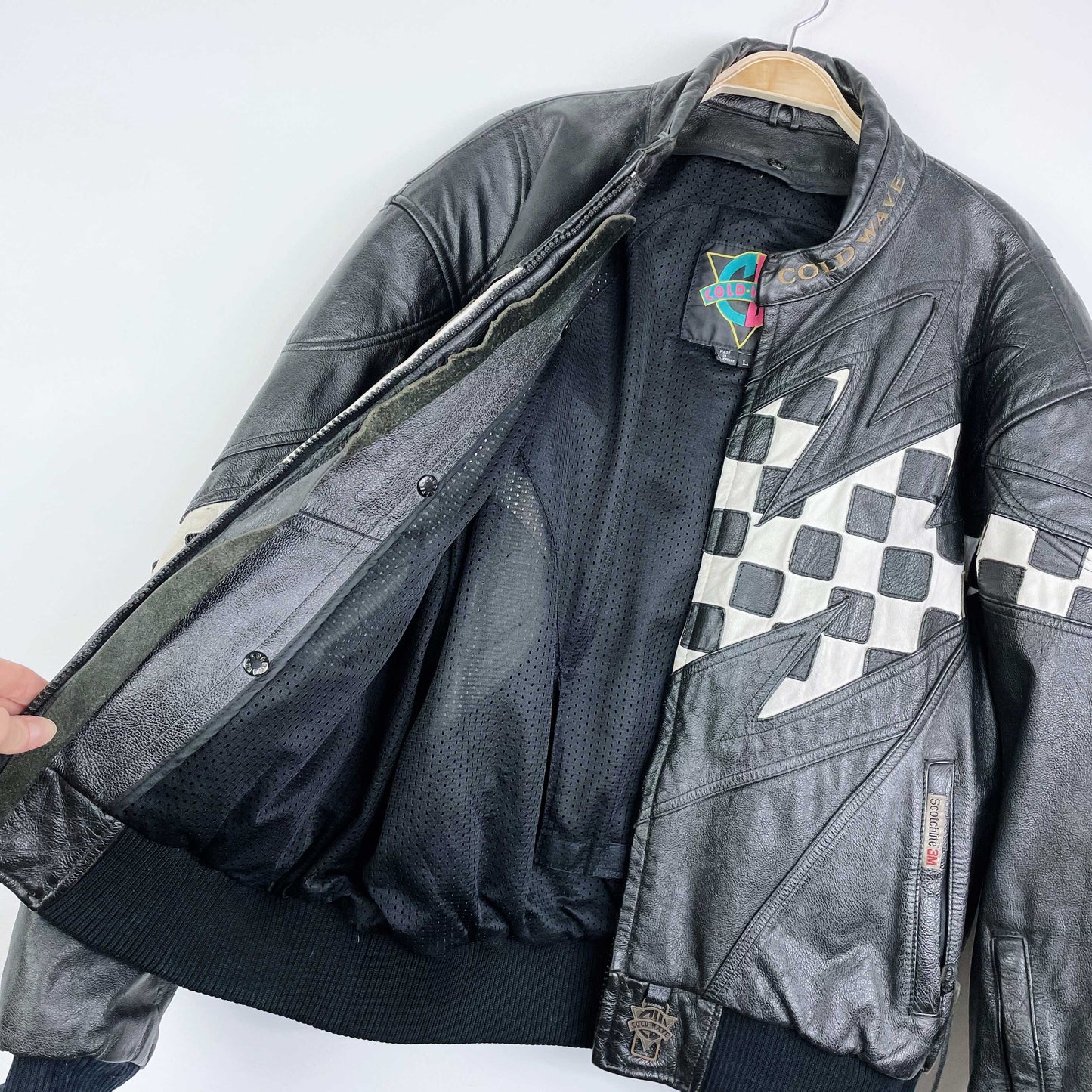 vintage 80s coldwave checkerboard bolt moto jacket