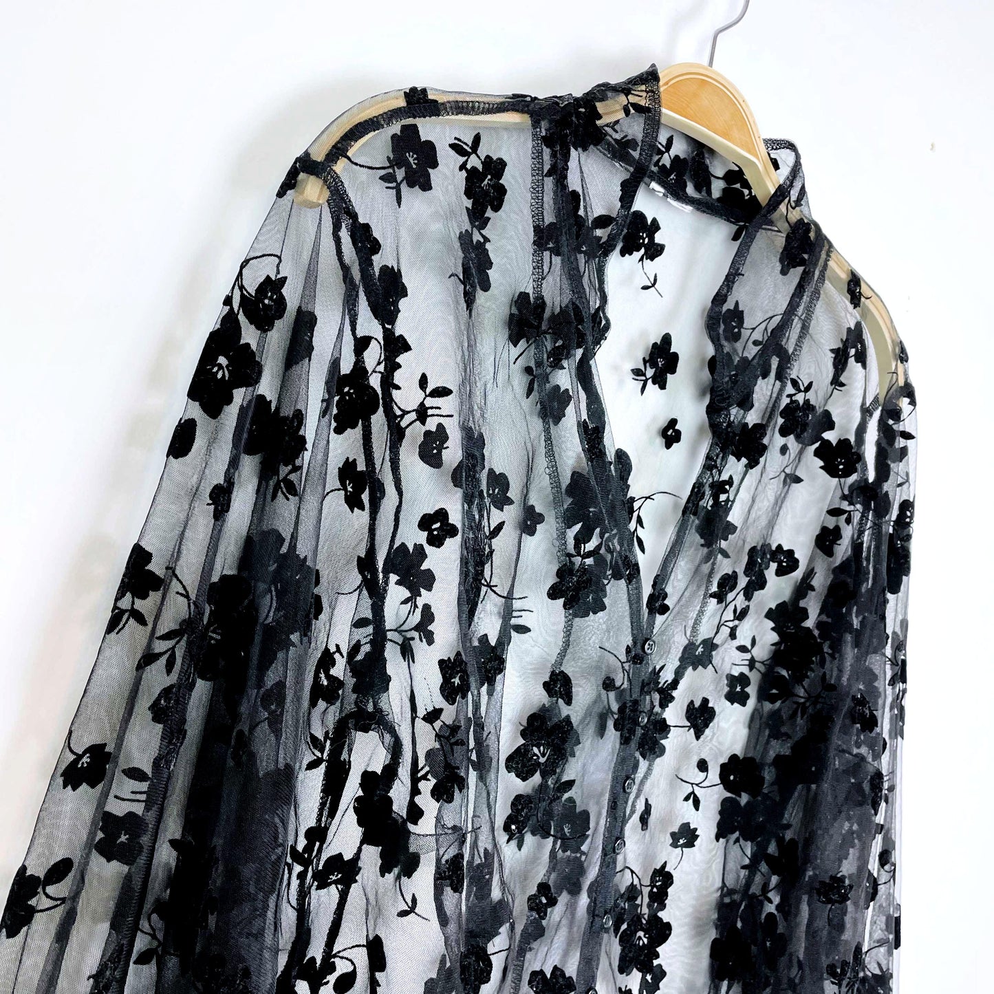sheer black velvet flocked floral organza balloon sleeve blouse - size medium