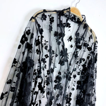 sheer black velvet flocked floral organza balloon sleeve blouse - size medium