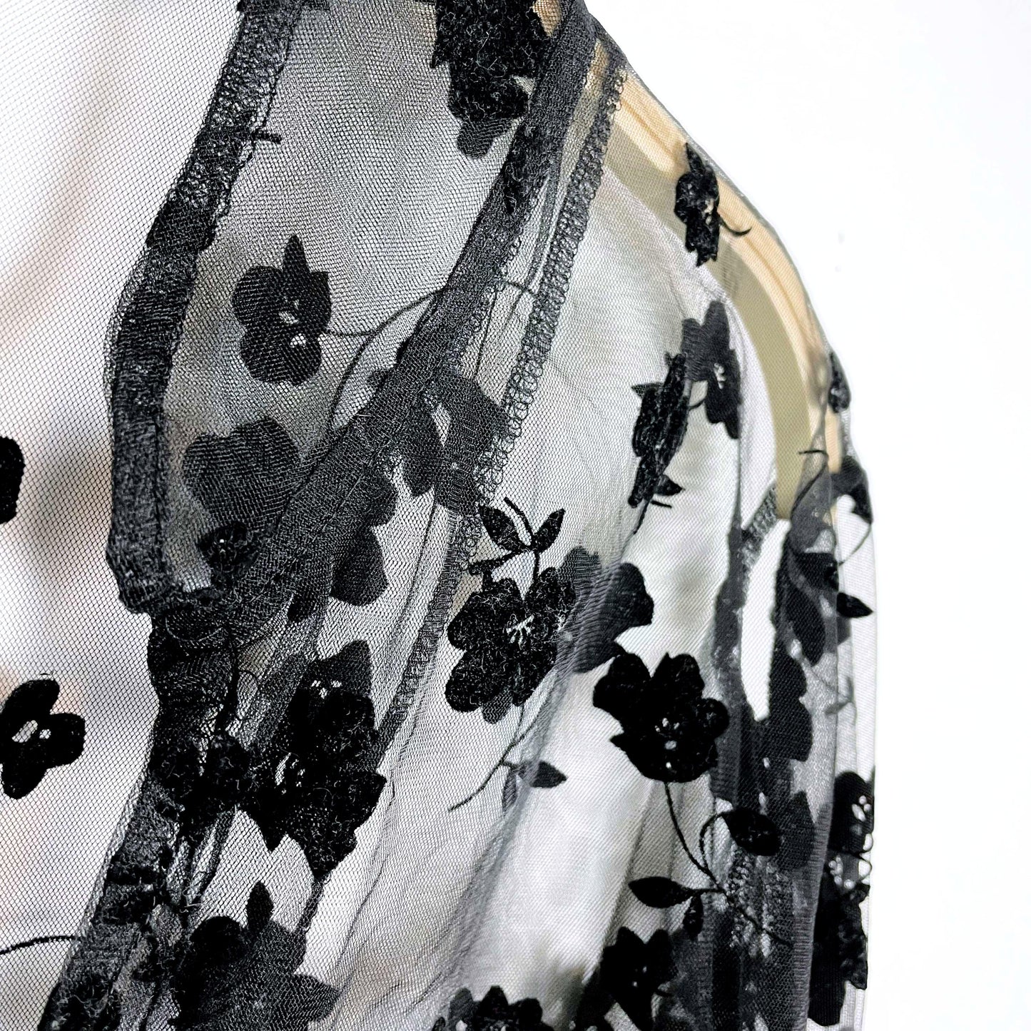 sheer black velvet flocked floral organza balloon sleeve blouse - size medium