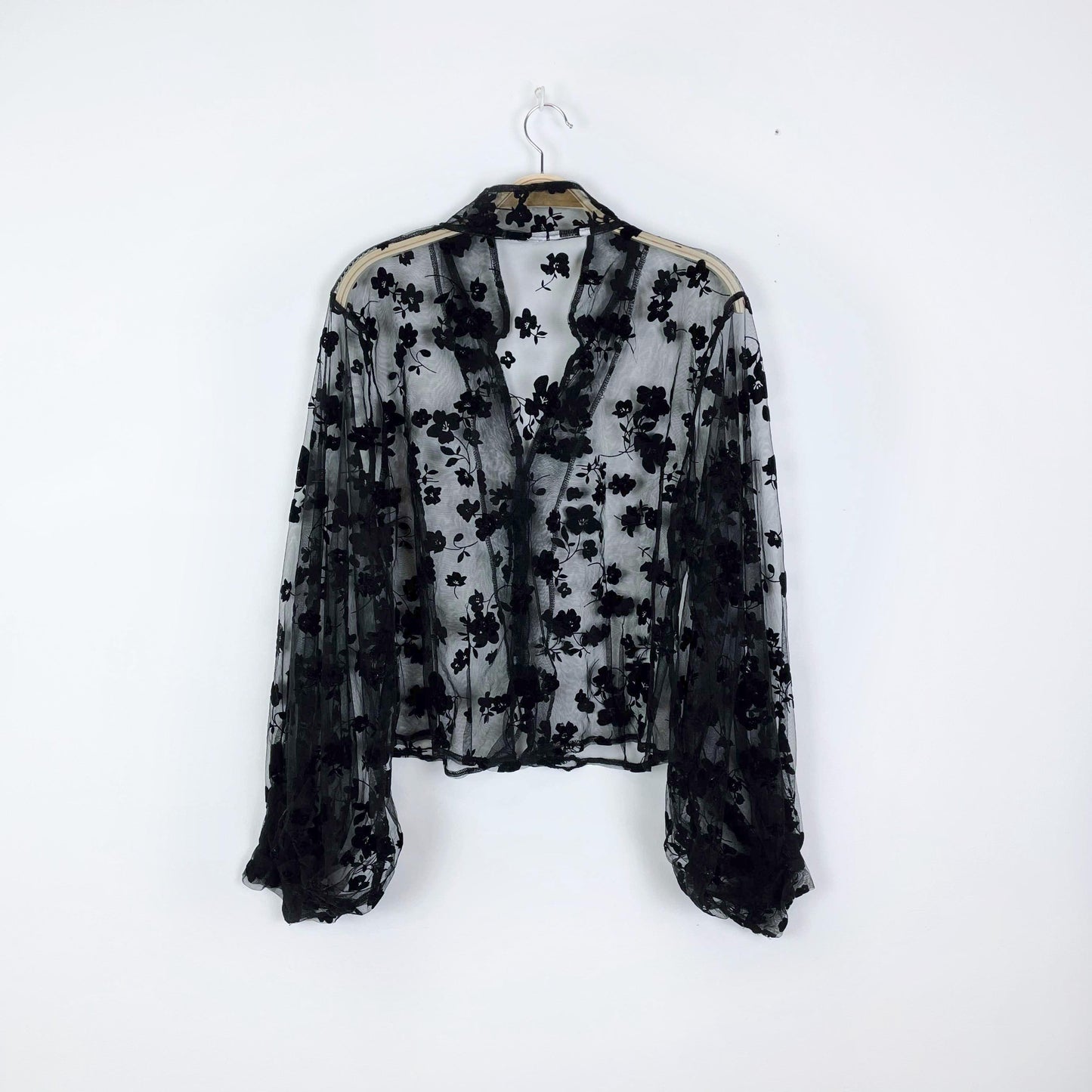 sheer black velvet flocked floral organza balloon sleeve blouse - size medium