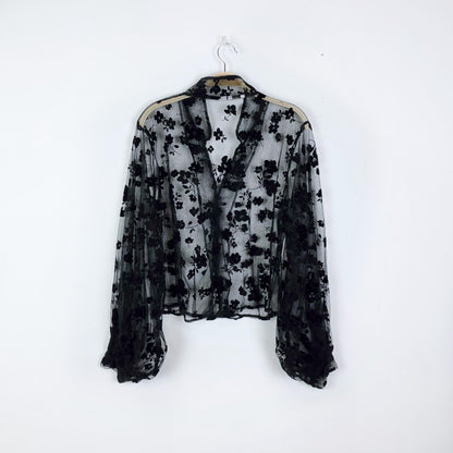 sheer black velvet flocked floral organza balloon sleeve blouse - size medium