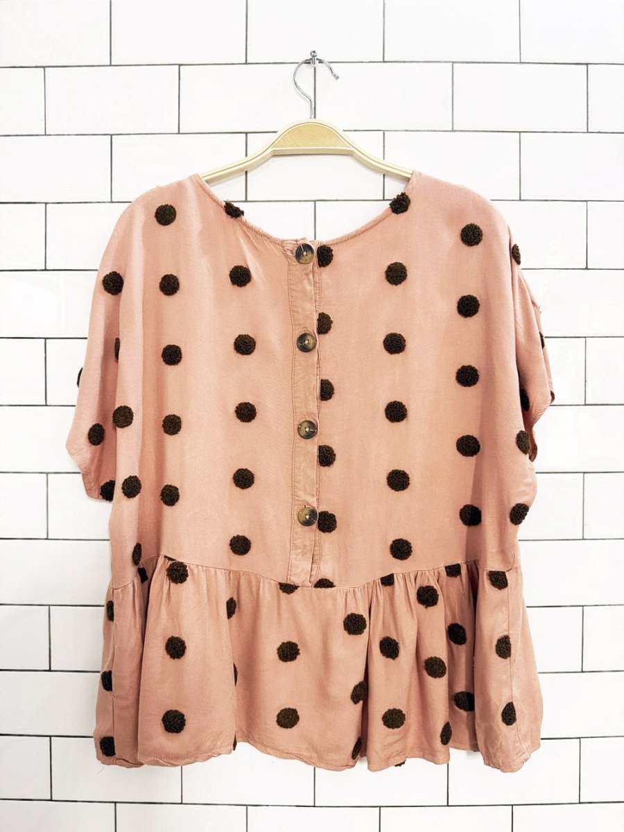 blu pepper fuzzy polka dot ruched peplum blouse - good market thrift store