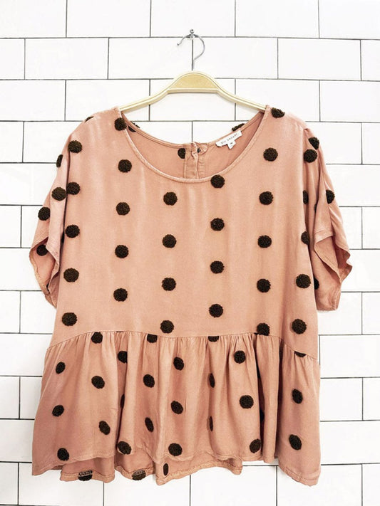 blu pepper fuzzy polka dot ruched peplum blouse - good market thrift store
