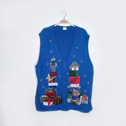 blue knit holiday presents and teddy bear vest - size 3xl
