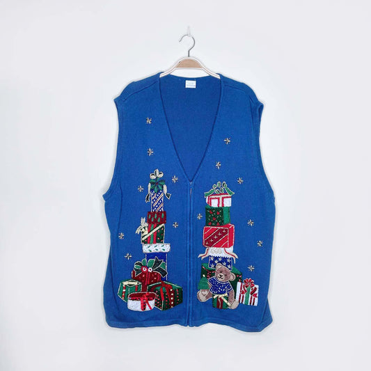 blue knit holiday presents and teddy bear vest - size 3xl