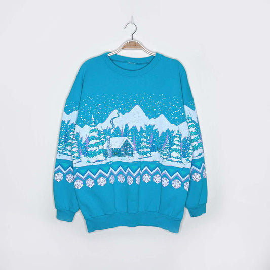 vintage 90s puff graphic winter cottage scene crew - size large