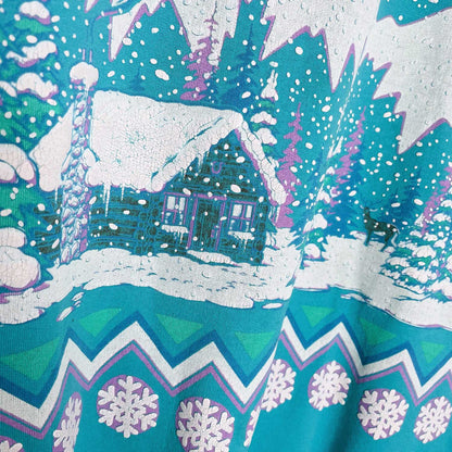 vintage 90s puff graphic winter cottage scene crew - size large