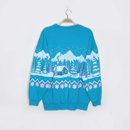 vintage 90s puff graphic winter cottage scene crew - size large