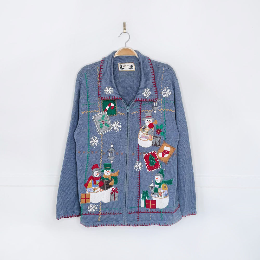 vintage episcia carolling snowmen knit cardigan