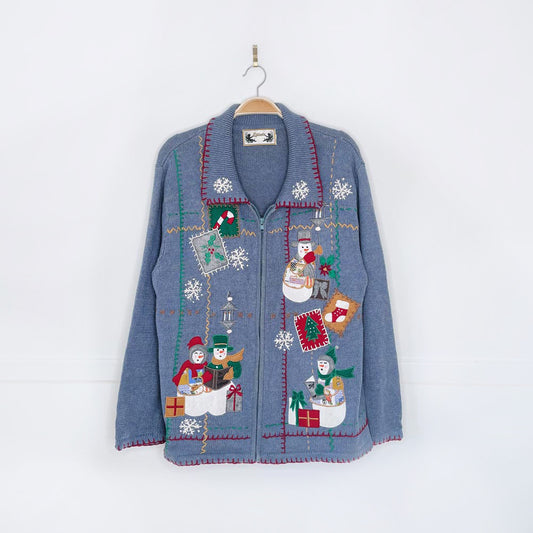 vintage episcia carolling snowmen knit cardigan