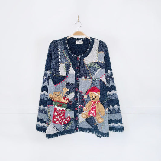 vintage hand-embroidered holiday bear knit cardigan