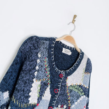 vintage hand-embroidered holiday bear knit cardigan
