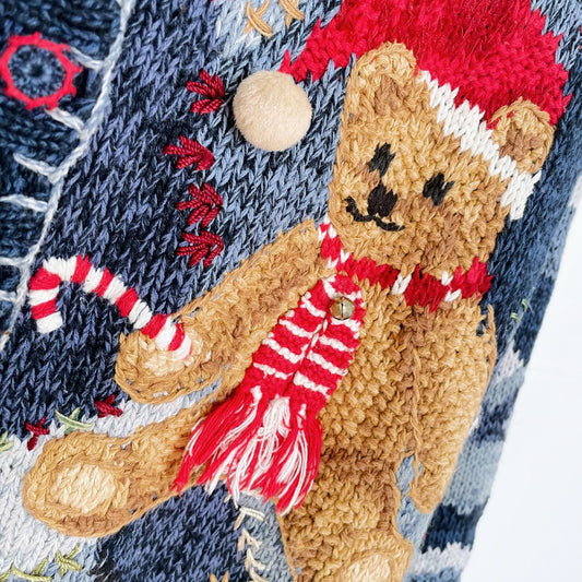 vintage hand-embroidered holiday bear knit cardigan
