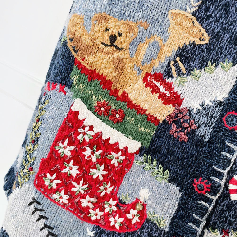 vintage hand-embroidered holiday bear knit cardigan