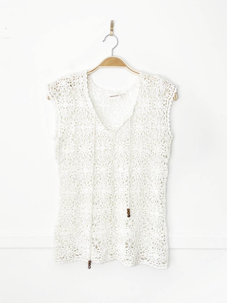 blumind crochet wood beaded tie neck top - good market thrift store