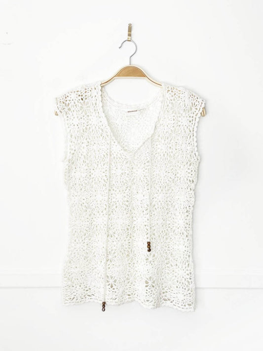 blumind crochet wood beaded tie neck top - good market thrift store