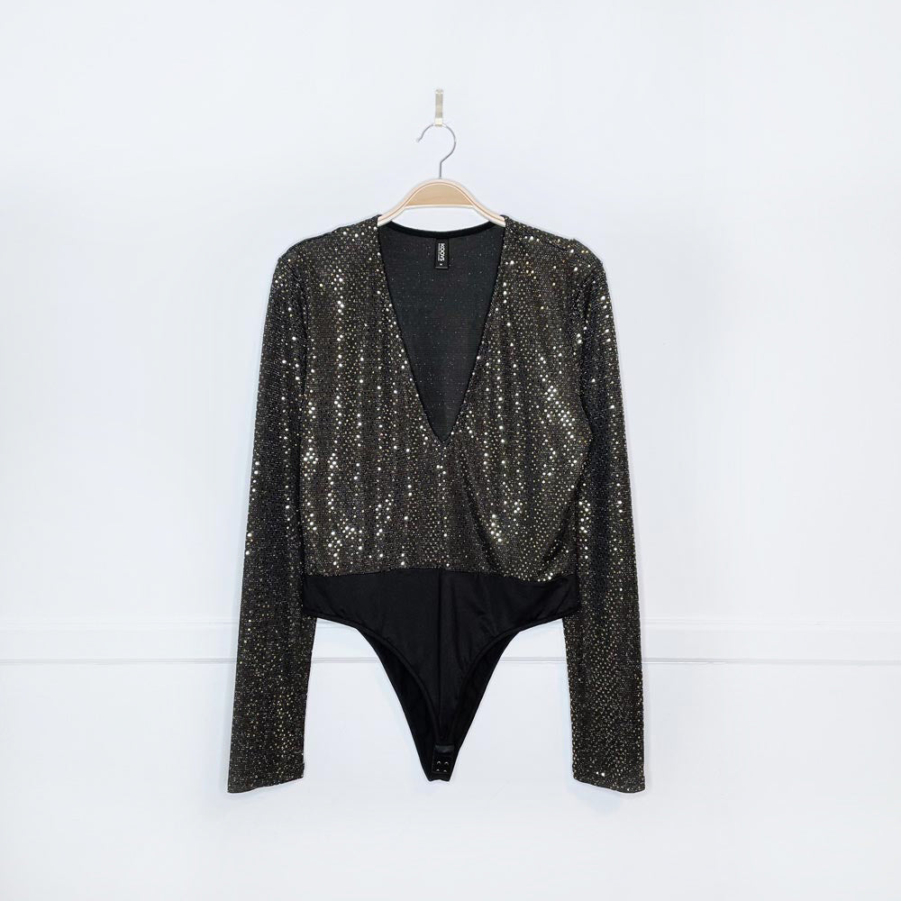 koovs plunge gold sequin bodysuit