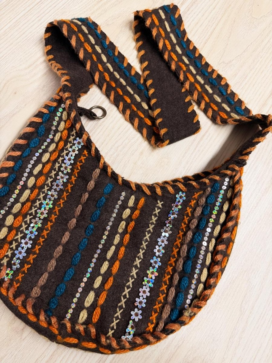 boho felted wool embroidered shoulder swing bag - good market thrift store