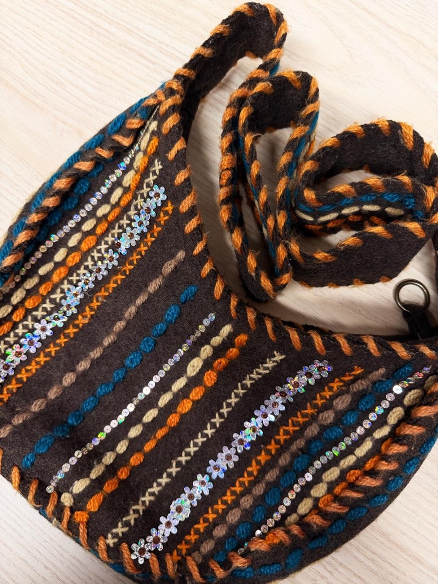 boho felted wool embroidered shoulder swing bag - good market thrift store