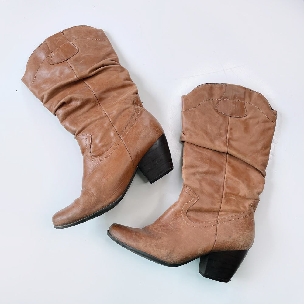 vintage spring slouchy heeled leather western boot