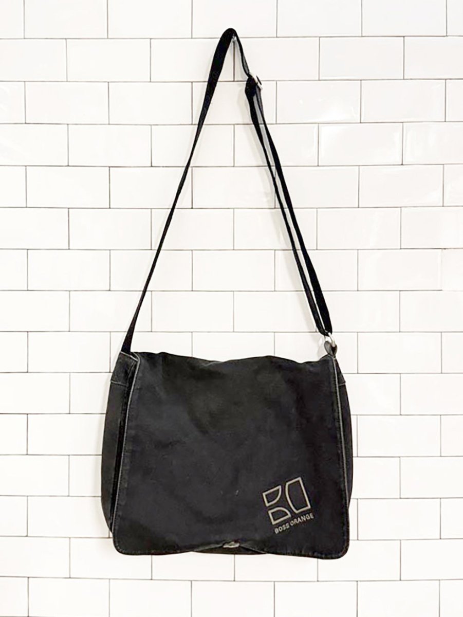 boss orange leather detail canvas messenger bag | hugo boss - good market thrift store