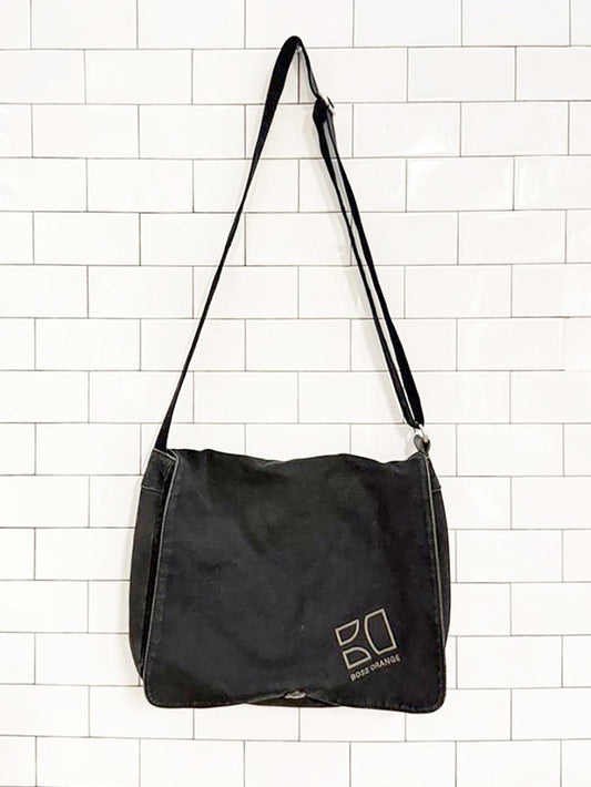 boss orange leather detail canvas messenger bag | hugo boss - good market thrift store
