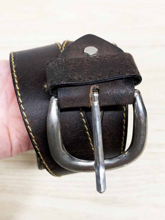brown rustic leather belt with metal buckle - good market thrift store