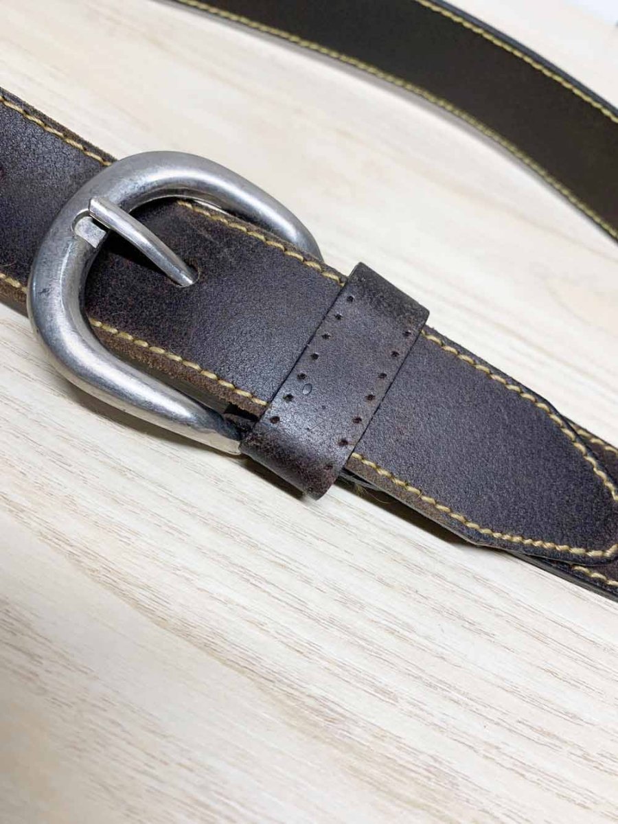 brown rustic leather belt with metal buckle - good market thrift store