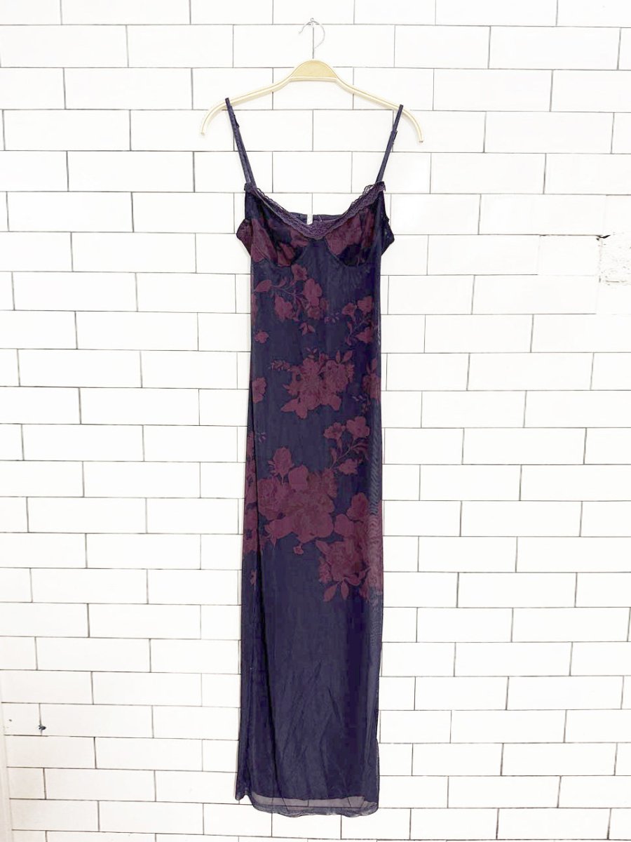 bustier lace trim floral stretch mesh open back maxi dress - good market thrift store