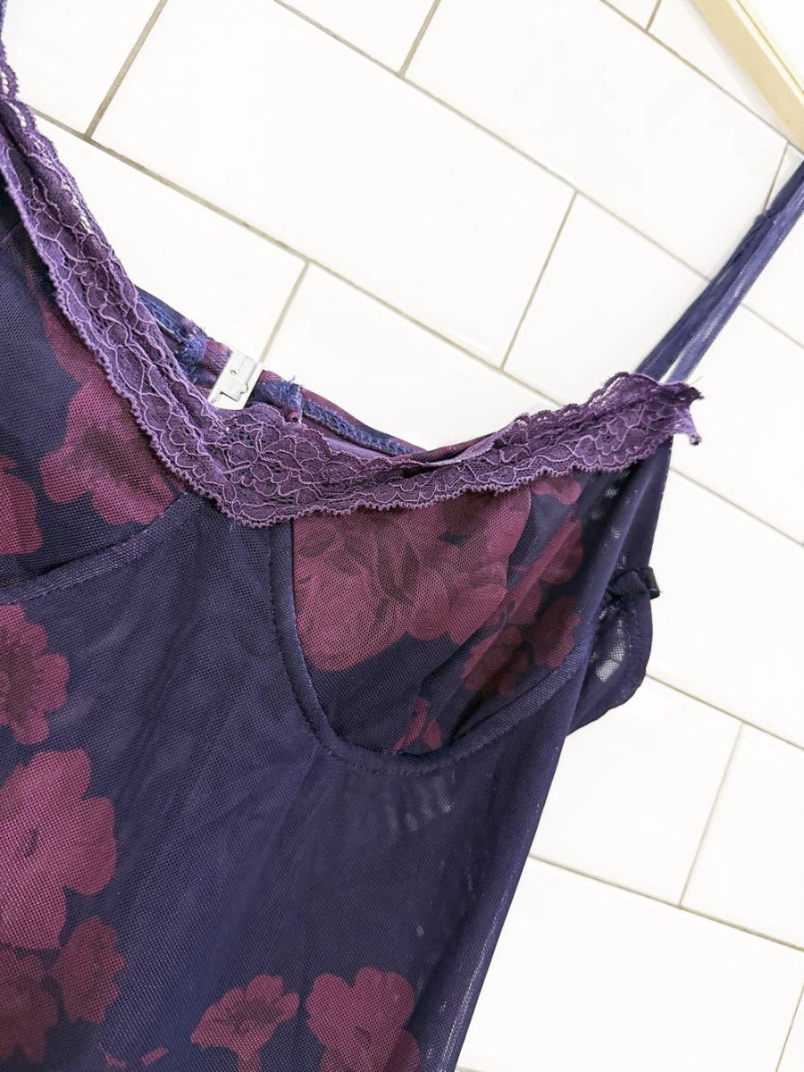 bustier lace trim floral stretch mesh open back maxi dress - good market thrift store