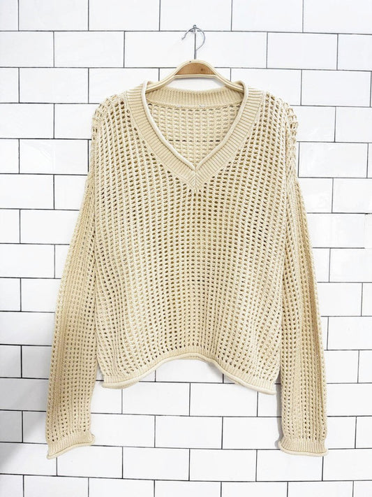 butter yellow cotton loose knit v - neck sweater - good market thrift store