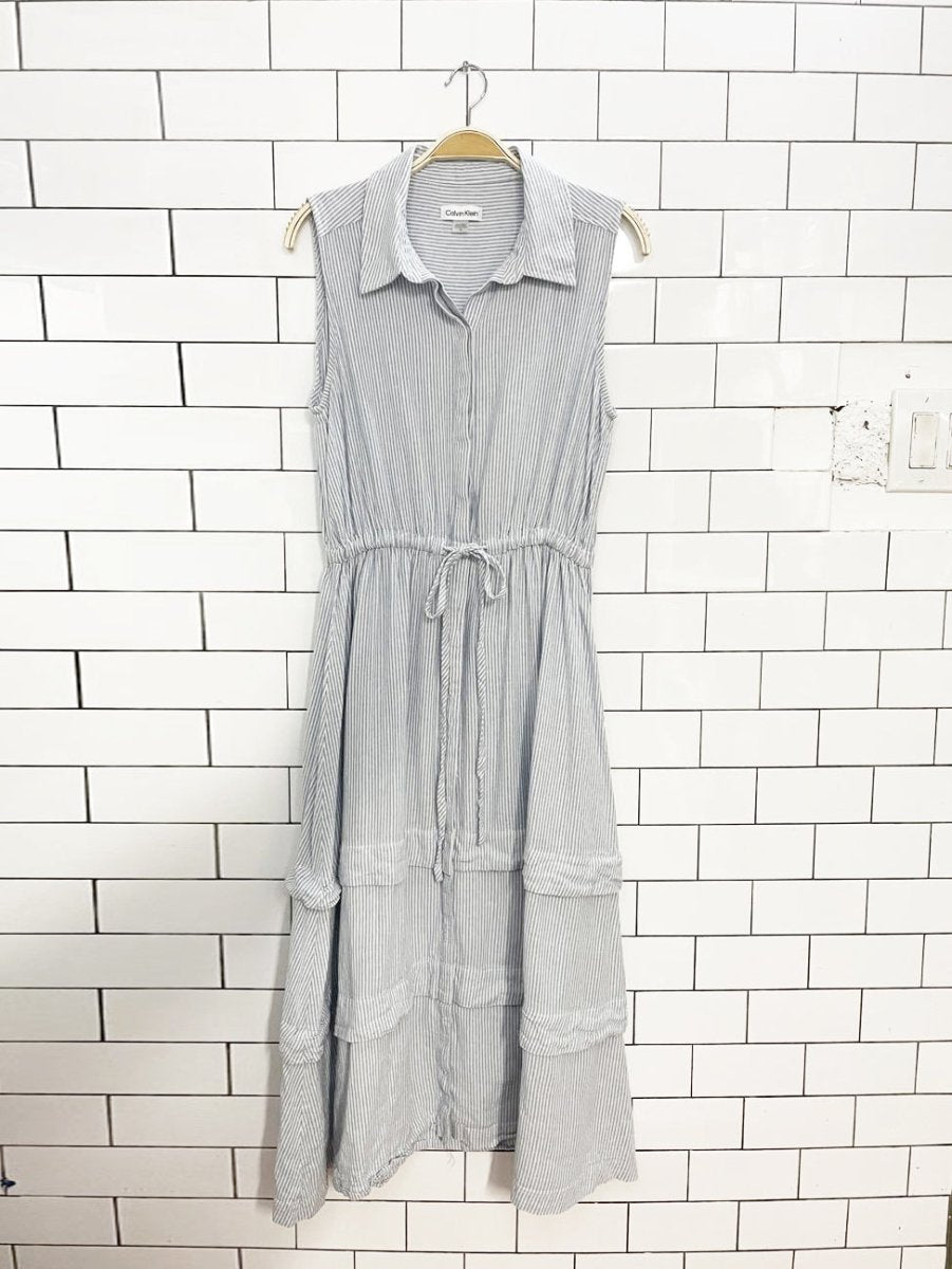 calvin klein blue stripe half button sleeveless tiered midi shirt dress - good market thrift store
