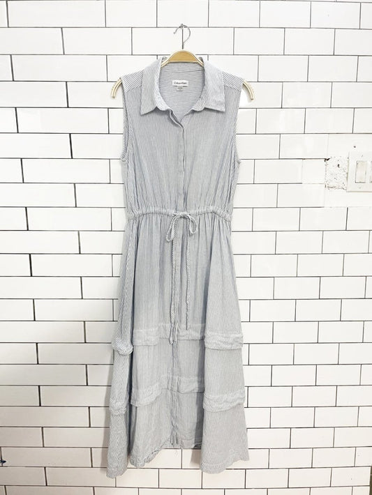 calvin klein blue stripe half button sleeveless tiered midi shirt dress - good market thrift store