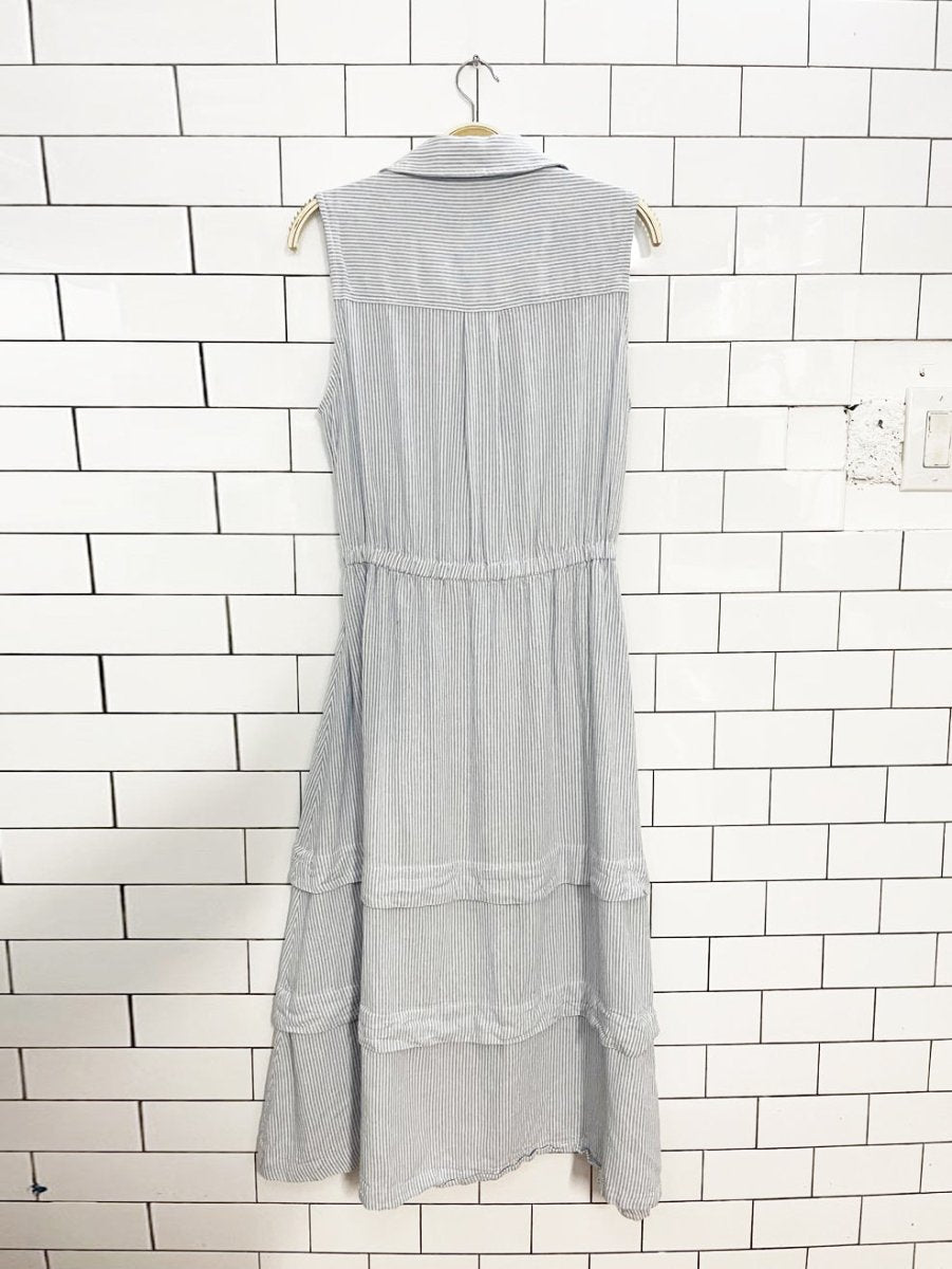 calvin klein blue stripe half button sleeveless tiered midi shirt dress - good market thrift store