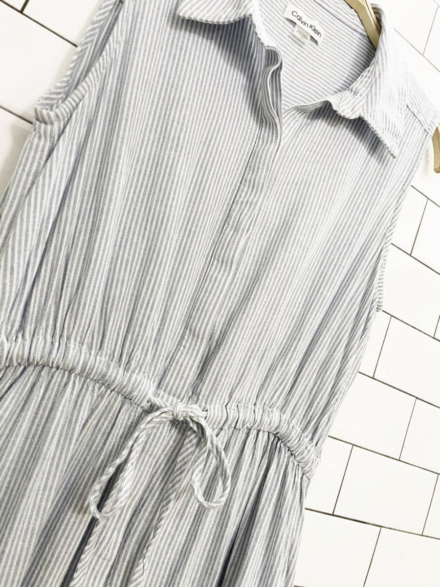 calvin klein blue stripe half button sleeveless tiered midi shirt dress - good market thrift store