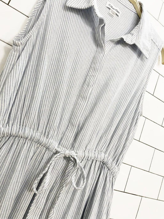 calvin klein blue stripe half button sleeveless tiered midi shirt dress - good market thrift store