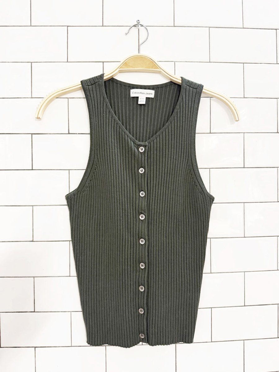 calvin klein ribbed knit full button tank top - good market thrift store