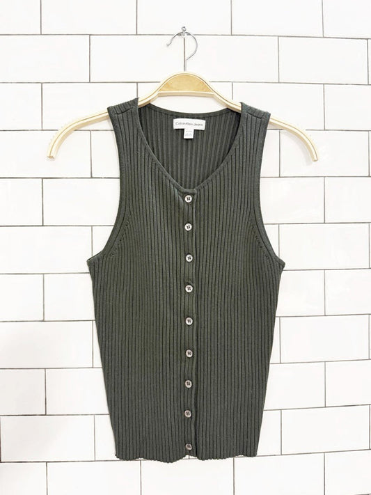 calvin klein ribbed knit full button tank top - good market thrift store