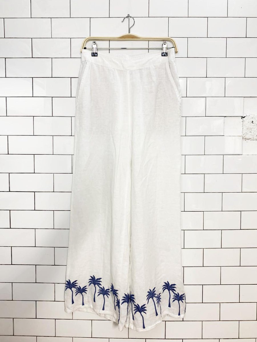 calypso st. barth 100% linen wide leg palm tree embroidered pants - good market thrift store