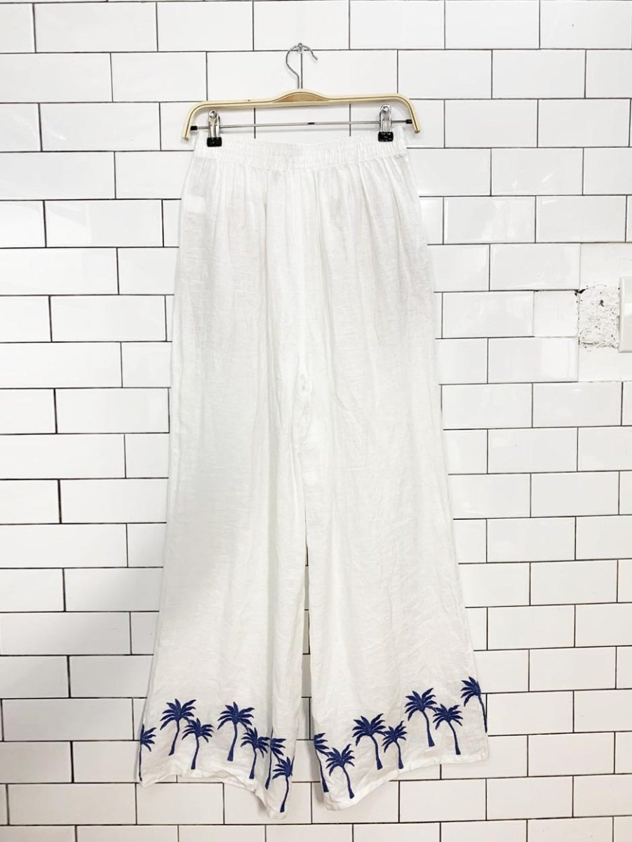 calypso st. barth 100% linen wide leg palm tree embroidered pants - good market thrift store
