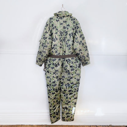 vintage 70s ski-daddle pack in camo down snowsuit