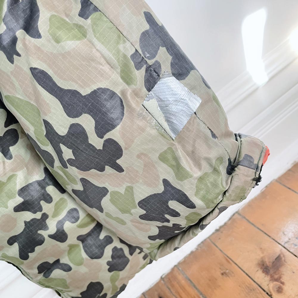 vintage 70s ski-daddle pack in camo down snowsuit