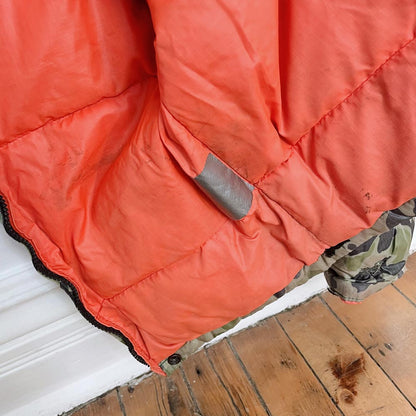 vintage 70s ski-daddle pack in camo down snowsuit