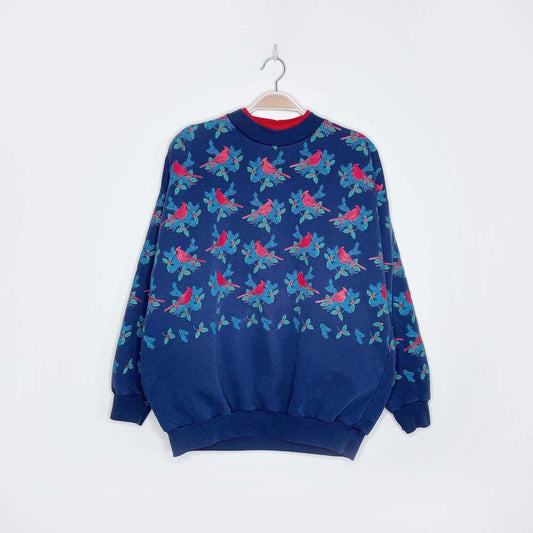 vintage holiday cardinals all over crew - size large