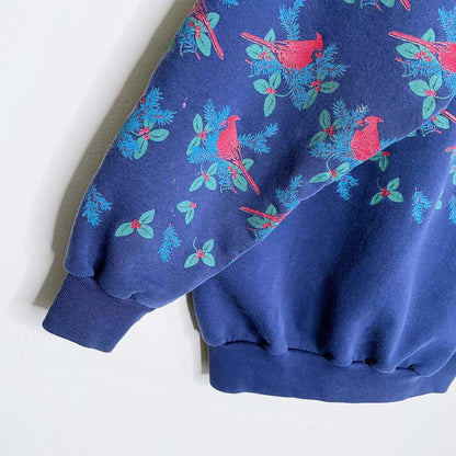 vintage holiday cardinals all over crew - size large